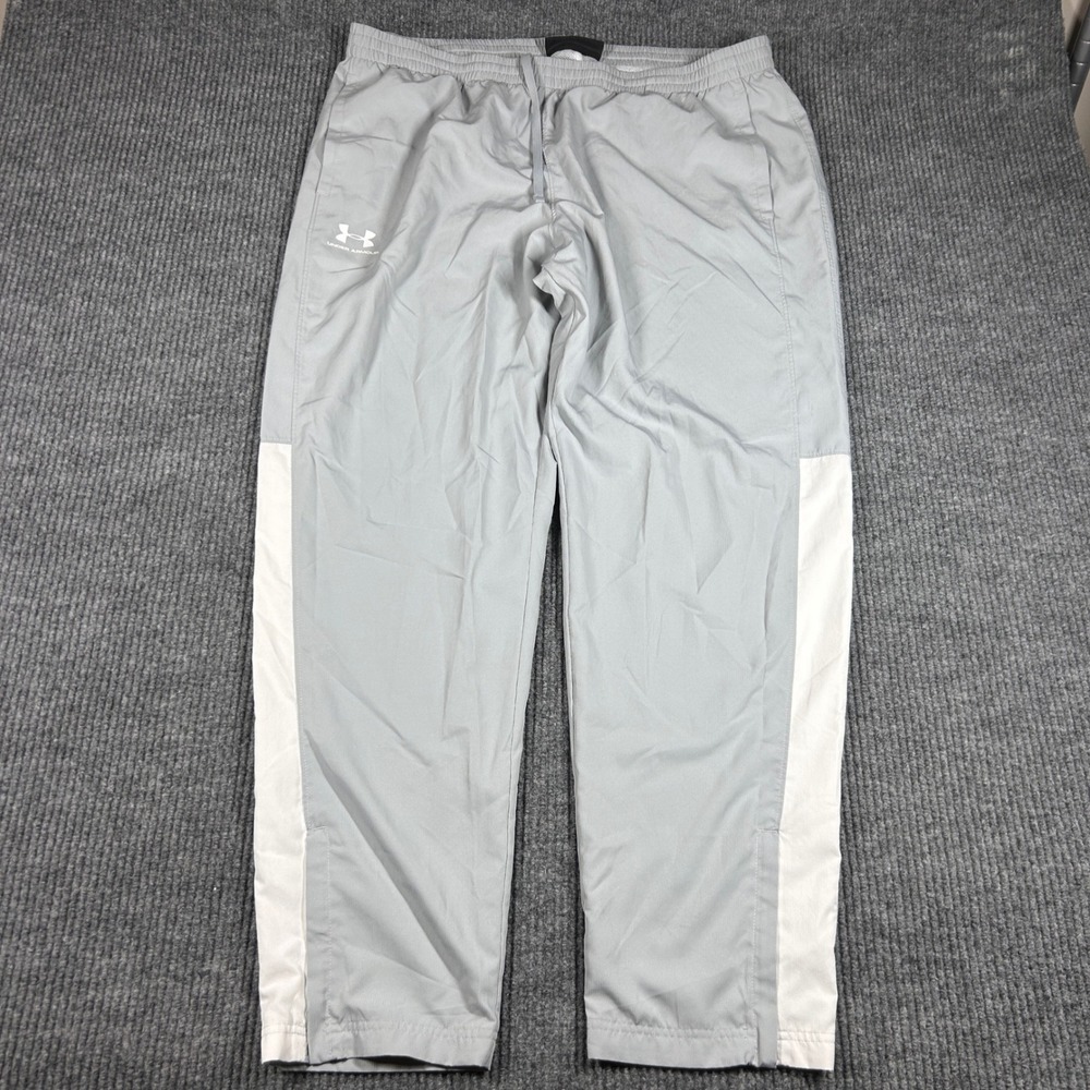 Under Armour Track Pants Mens XXL Grey White Side Stripes Loose Fit Windbreaker